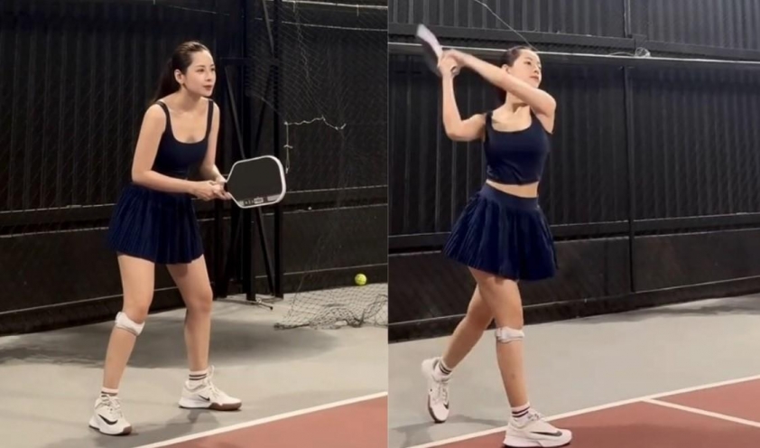 Chi Pu tập trung chơi pickleball